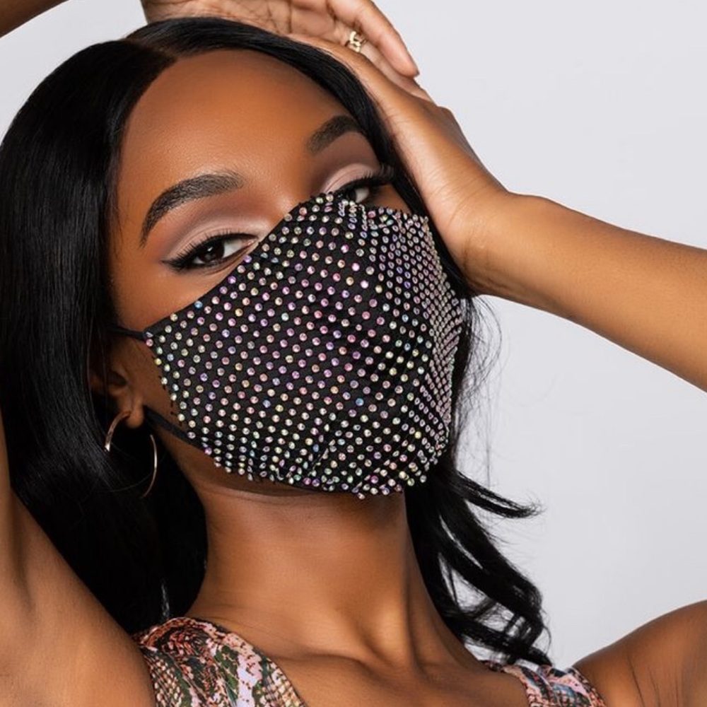 AKIRA Black Iridescent Rhinestone Face Mask